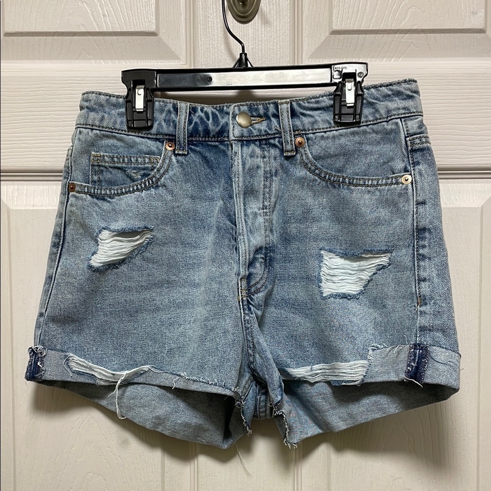 H&M | HighRise | Button Fly | Ripped | Washed Blue | Denim Jean Shorts | Size 6